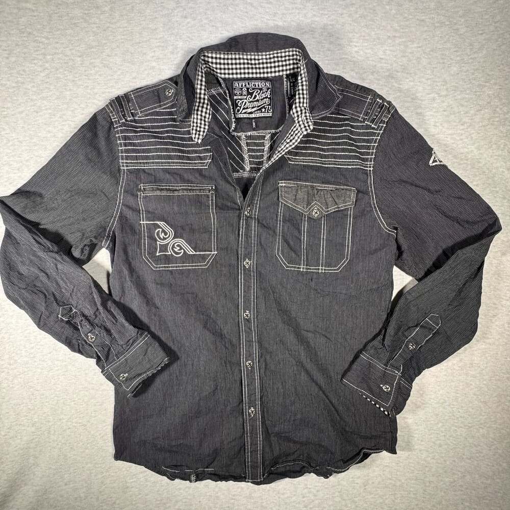 Affliction Black Premium Pinstripe Slim Long Sleeve Button Up Shirt X-Large